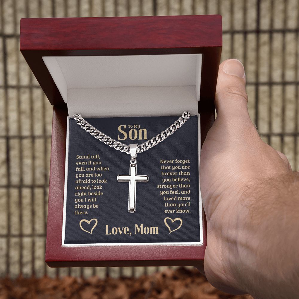 To-My-Son-Stand-tall Personalized Cross Necklace with Cuban Chain
