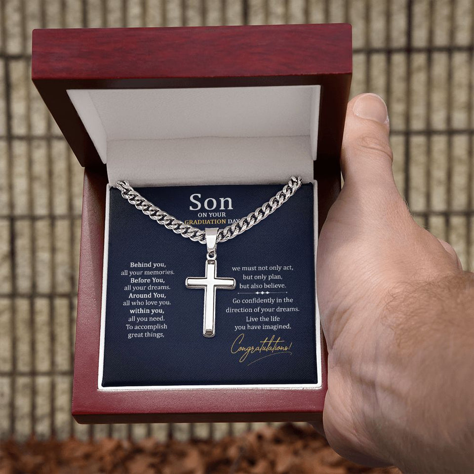 To my Son on your graduation Day Personalized Cross Necklace with Cuban Chain