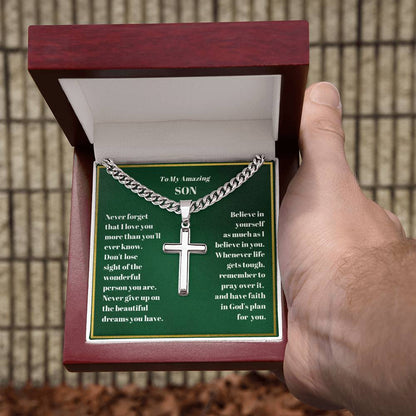Son Personalized Cross Necklace on Cuban Chain