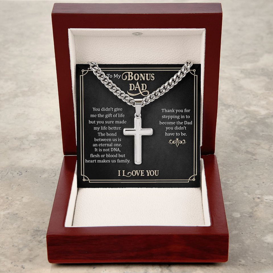 To my Bonus dad Personalized Cross Necklace with Cuban Chain