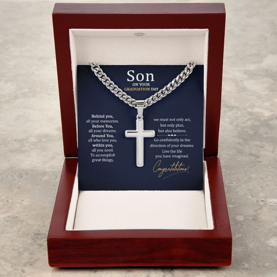 To my Son on your graduation Day Personalized Cross Necklace with Cuban Chain