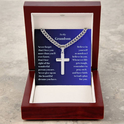 Grandson Engraved Cross with Cuban Chain