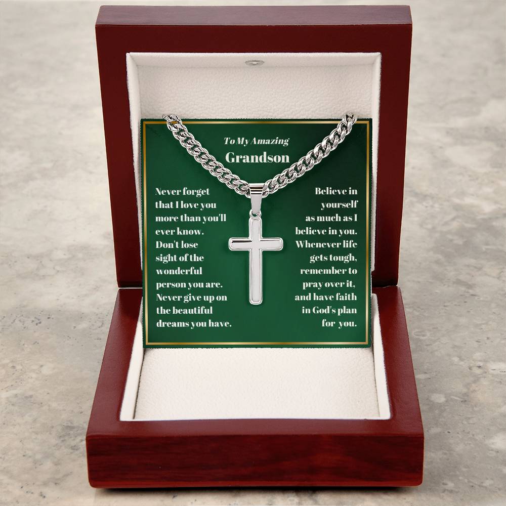 Grandson Personalized Cross Necklace on Cuban Chain