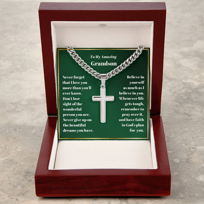 Grandson Personalized Cross Necklace on Cuban Chain