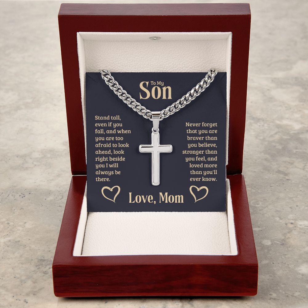 To-My-Son-Stand-tall Personalized Cross Necklace with Cuban Chain