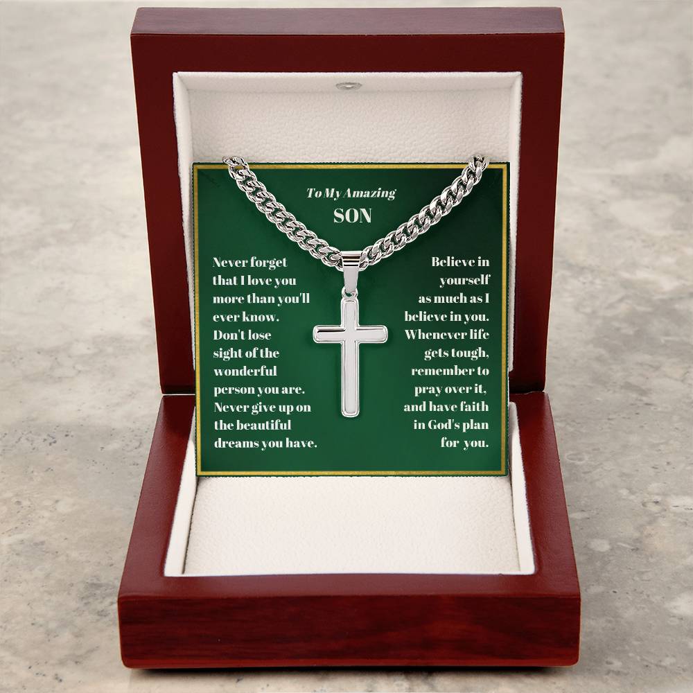 Son Personalized Cross Necklace on Cuban Chain