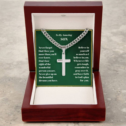 Son Personalized Cross Necklace on Cuban Chain