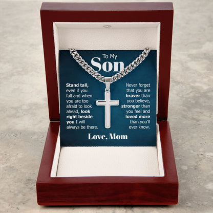 to my son - stand tall even if you fall Personalized Cross Necklace with Cuban Chain