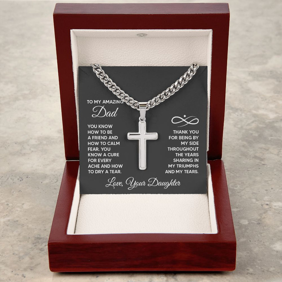To My Amazing Dad - You know how to be a friend Personalized Cross Necklace with Cuban Chain