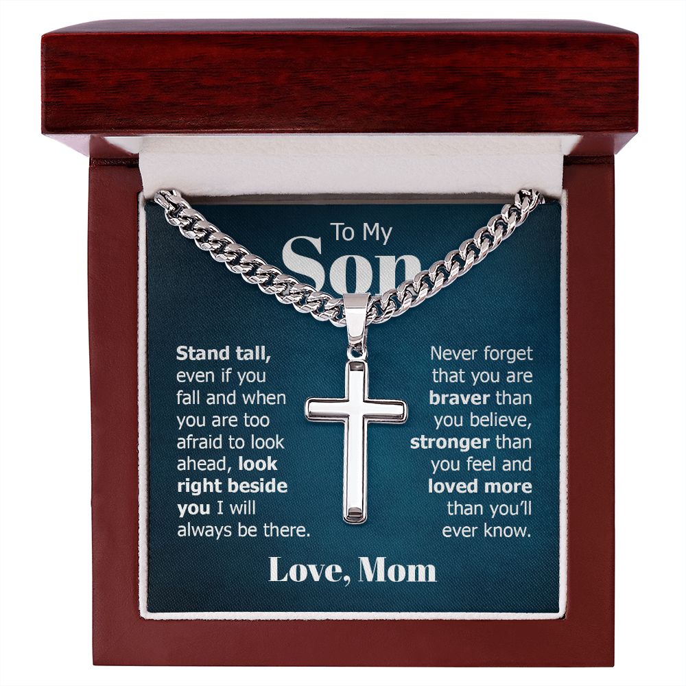 to my son - stand tall even if you fall Personalized Cross Necklace with Cuban Chain