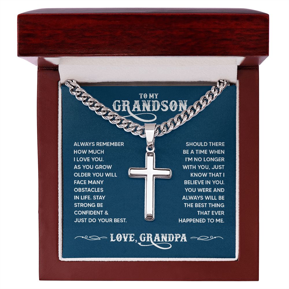 To My Grandson - Always remember how much I love you Personalized Cross Necklace with Cuban Chain