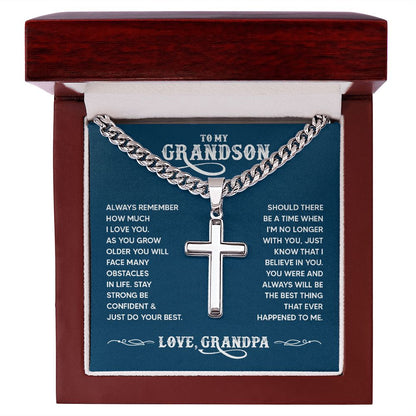 To My Grandson - Always remember how much I love you Personalized Cross Necklace with Cuban Chain