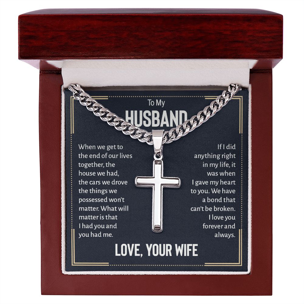 To my husband - when we get to the end of our lives Personalized Cross Necklace with Cuban Chain