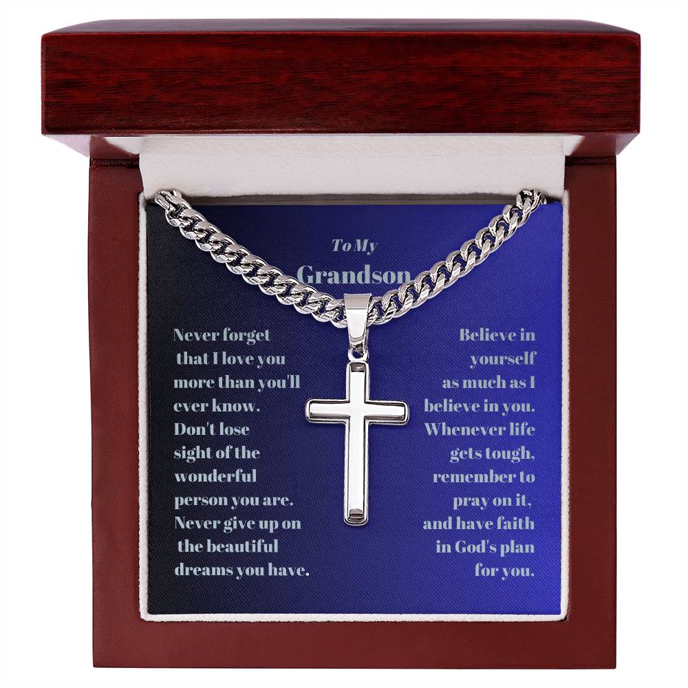 Grandson Engraved Cross with Cuban Chain