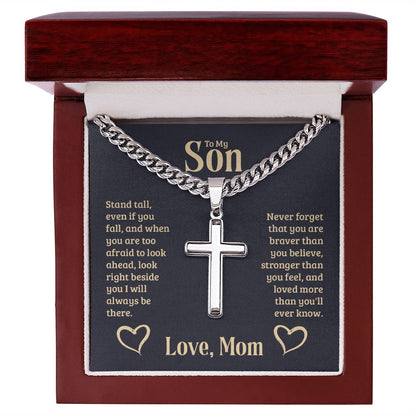 To-My-Son-Stand-tall Personalized Cross Necklace with Cuban Chain