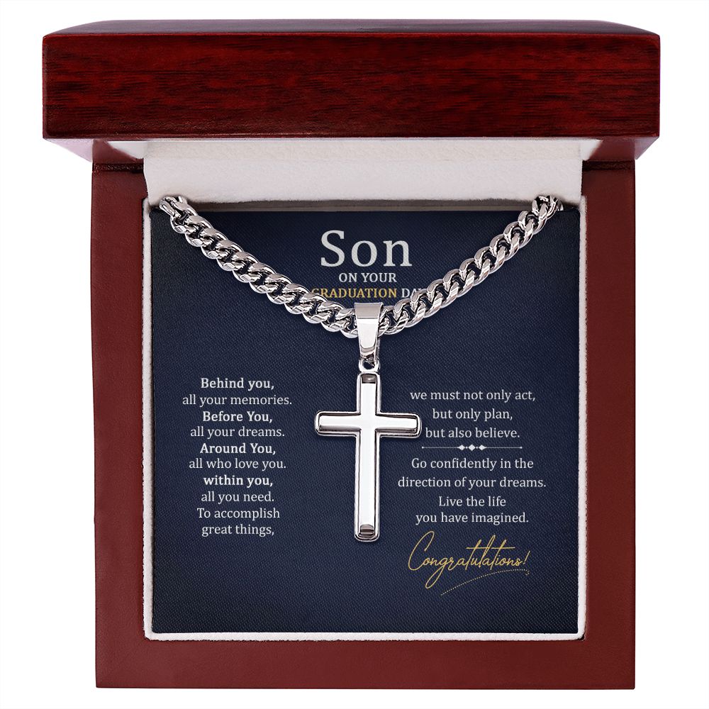 To my Son on your graduation Day Personalized Cross Necklace with Cuban Chain