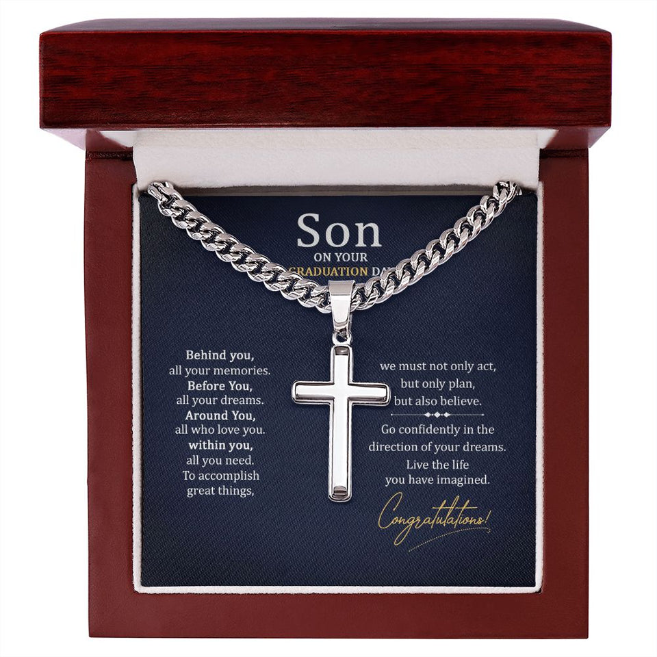 To my Son on your graduation Day Personalized Cross Necklace with Cuban Chain