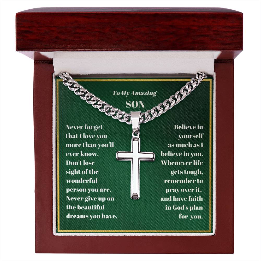Son Personalized Cross Necklace on Cuban Chain