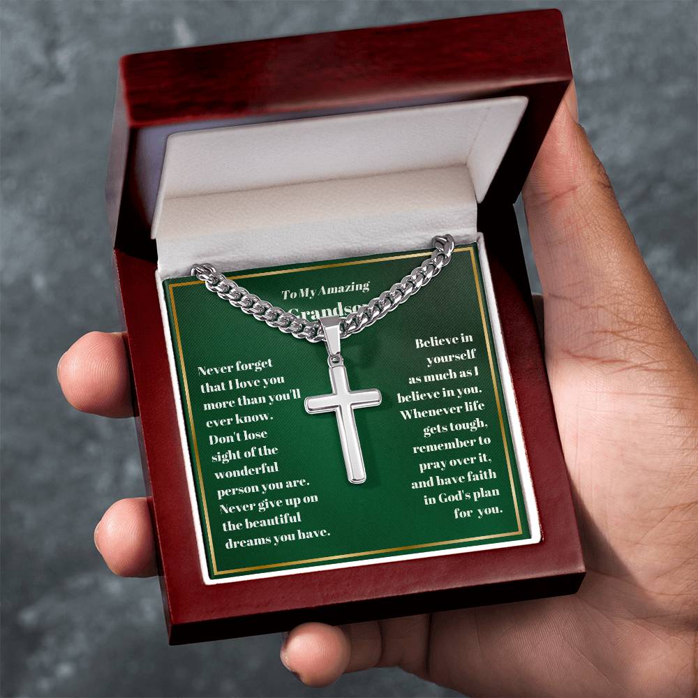 Grandson Personalized Cross Necklace on Cuban Chain