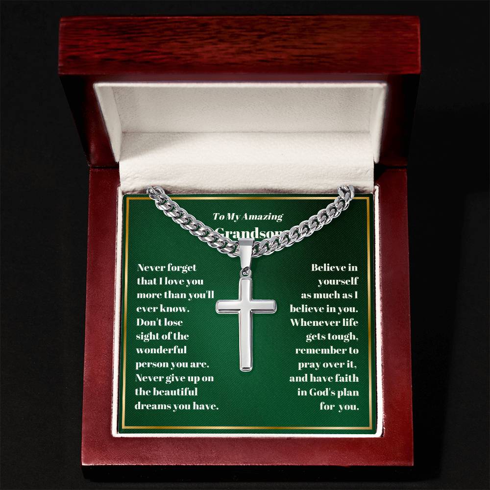Grandson Personalized Cross Necklace on Cuban Chain