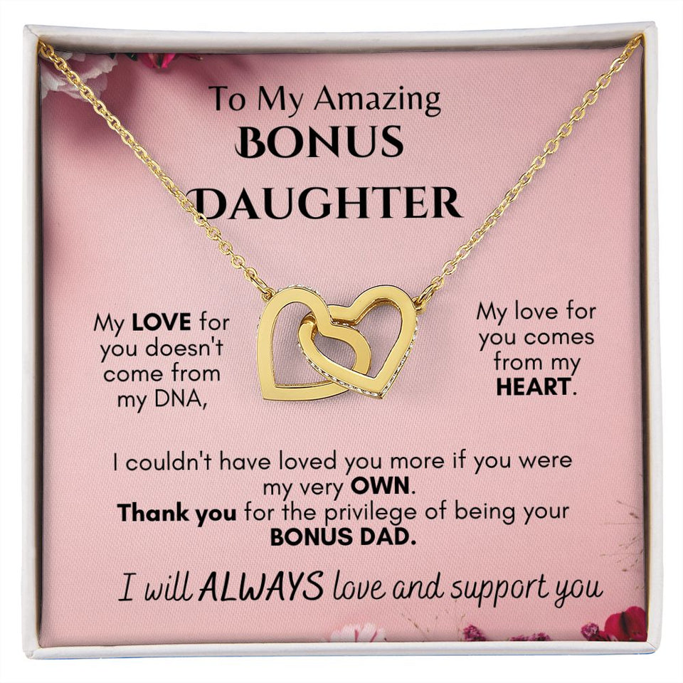 To My Amazing Bonus Daughter -  From Dad - Interlocking Hearts Necklace