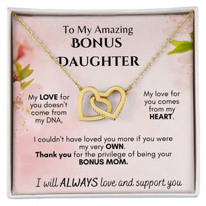 To My Amazing Bonus Daughter - From Mom -  Interlocking Hearts Necklace