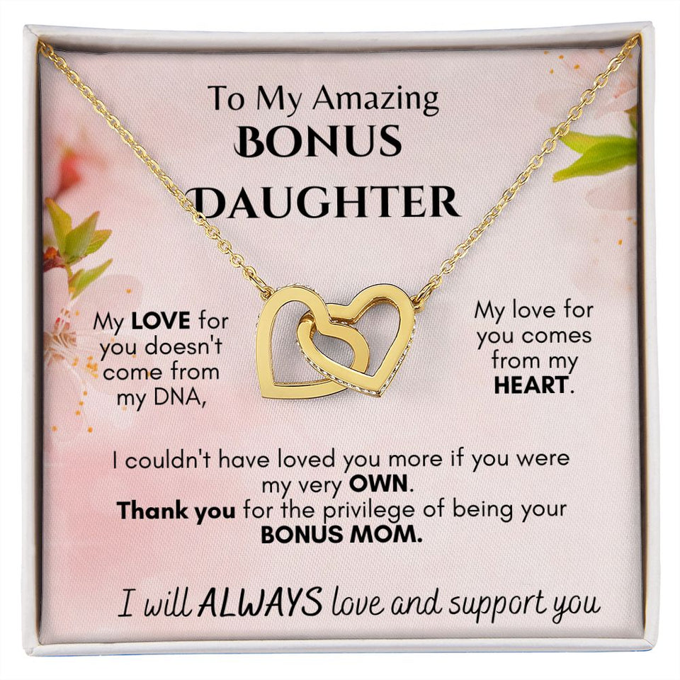 To My Amazing Bonus Daughter - From Mom -  Interlocking Hearts Necklace