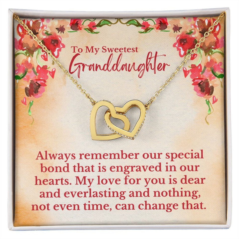 To My Sweetest Granddaughter - Special Bond That Is Engraved In Our Hearts Love, Grandpa & Grandma - Interlocking Hearts Necklace