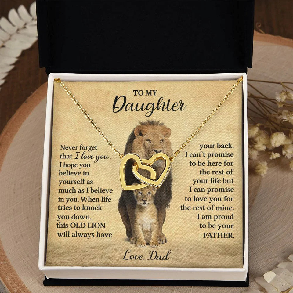 To My Daughter Necklace from Dad - Never forget that I love You, Lion Necklace, Interlocking Hearts Necklace
