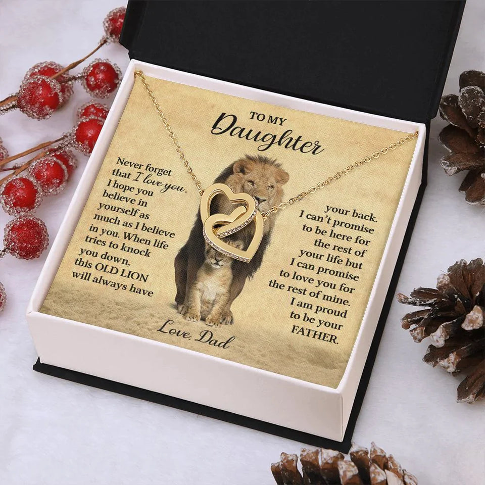 To My Daughter Necklace from Dad - Never forget that I love You, Lion Necklace, Interlocking Hearts Necklace