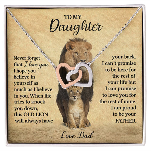 To My Daughter Necklace from Dad - Never forget that I love You, Lion Necklace, Interlocking Hearts Necklace