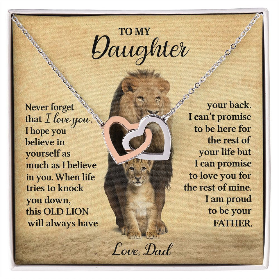 To My Daughter Necklace from Dad - Never forget that I love You, Lion Necklace, Interlocking Hearts Necklace