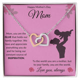 Happy Mother's Day Interlocking Hearts Necklace Pink Background, You Are The Glue That Hold Our Family Together