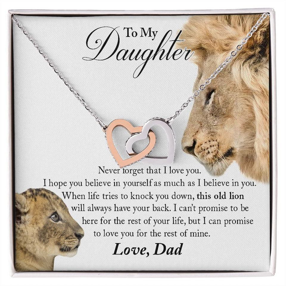 To My Daughter From Dad | This Old Lion Will Always Have Your Back | Interlocking Hearts Necklace