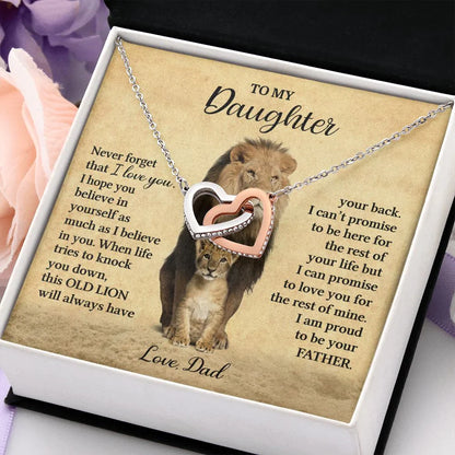 To My Daughter Necklace from Dad - Never forget that I love You, Lion Necklace, Interlocking Hearts Necklace