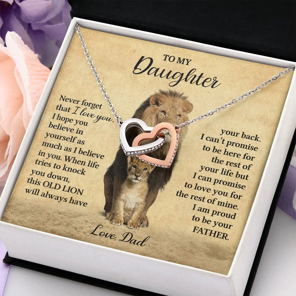To My Daughter Necklace from Dad - Never forget that I love You, Lion Necklace, Interlocking Hearts Necklace