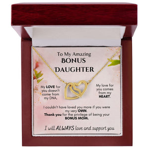 To My Amazing Bonus Daughter - From Mom -  Interlocking Hearts Necklace
