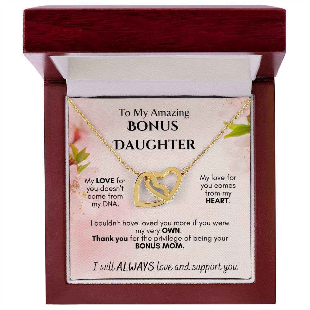 To My Amazing Bonus Daughter - From Mom -  Interlocking Hearts Necklace