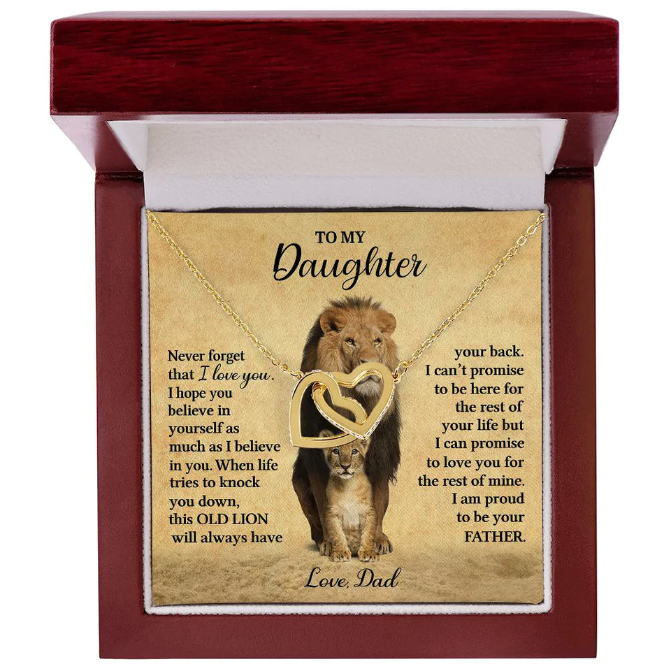 To My Daughter Necklace from Dad - Never forget that I love You, Lion Necklace, Interlocking Hearts Necklace