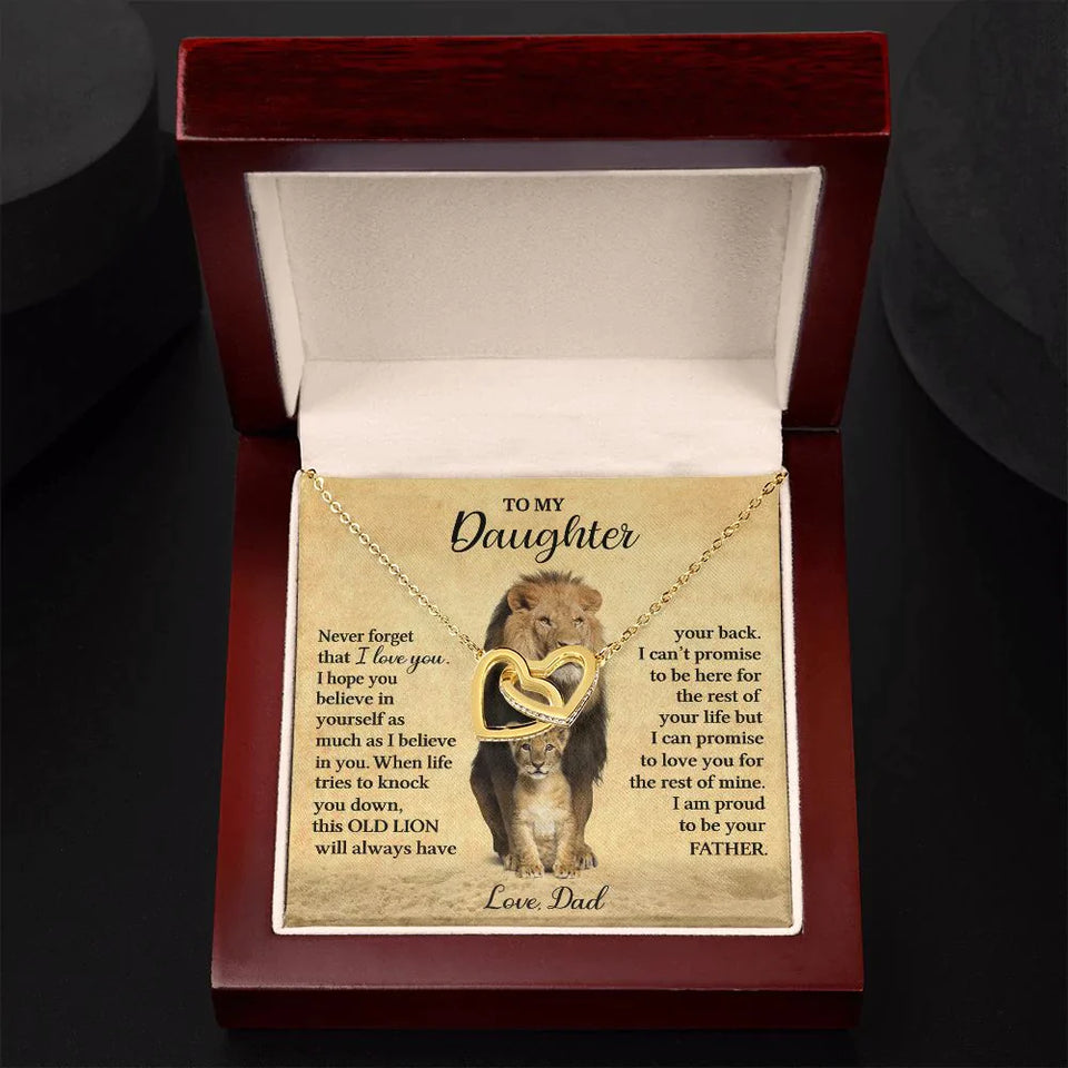 To My Daughter Necklace from Dad - Never forget that I love You, Lion Necklace, Interlocking Hearts Necklace