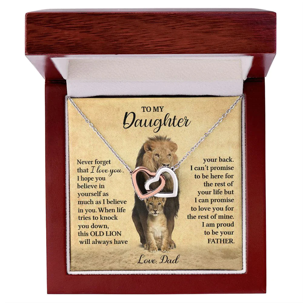 To My Daughter Necklace from Dad - Never forget that I love You, Lion Necklace, Interlocking Hearts Necklace