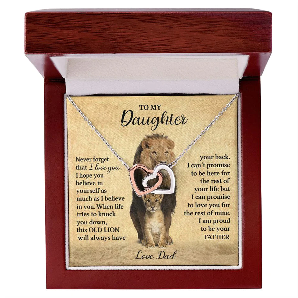 To My Daughter Necklace from Dad - Never forget that I love You, Lion Necklace, Interlocking Hearts Necklace