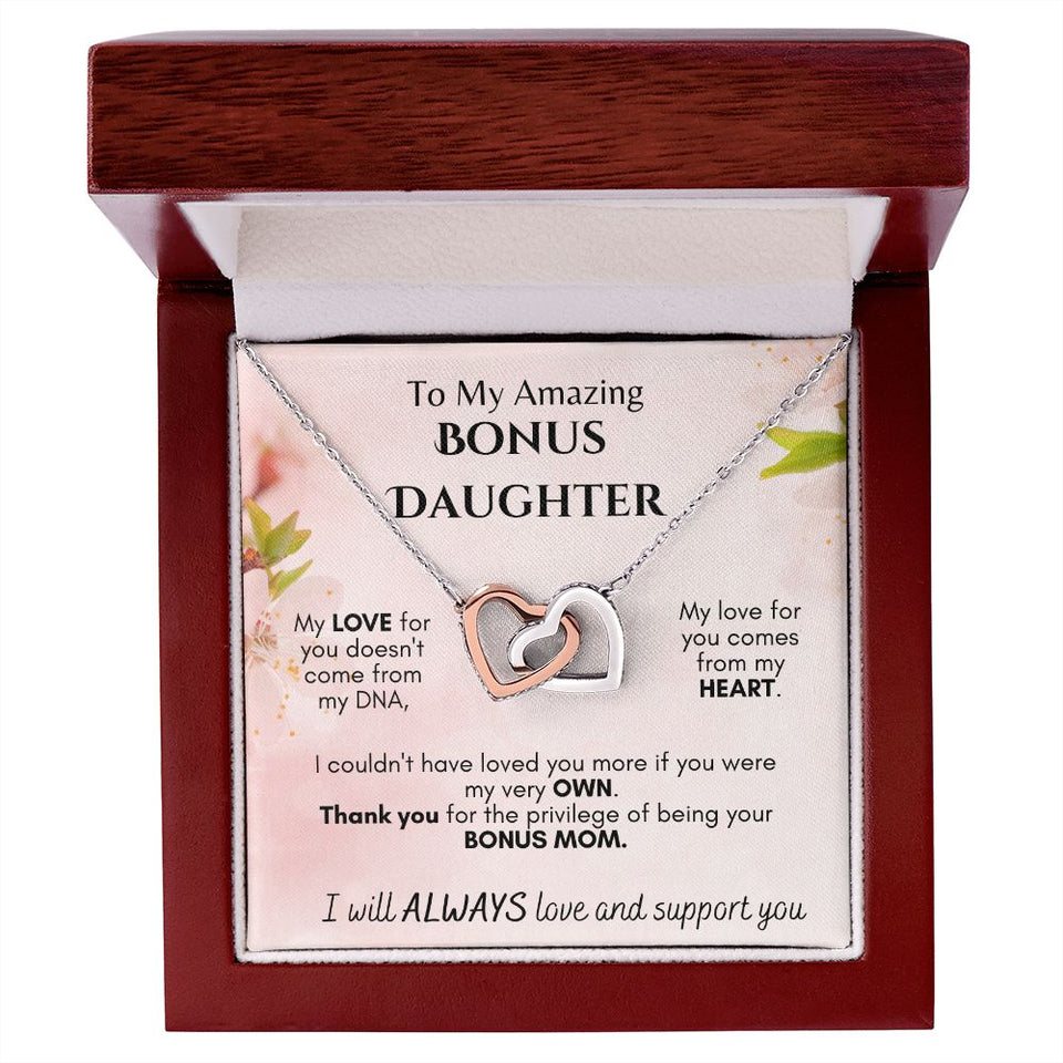 To My Amazing Bonus Daughter - From Mom -  Interlocking Hearts Necklace