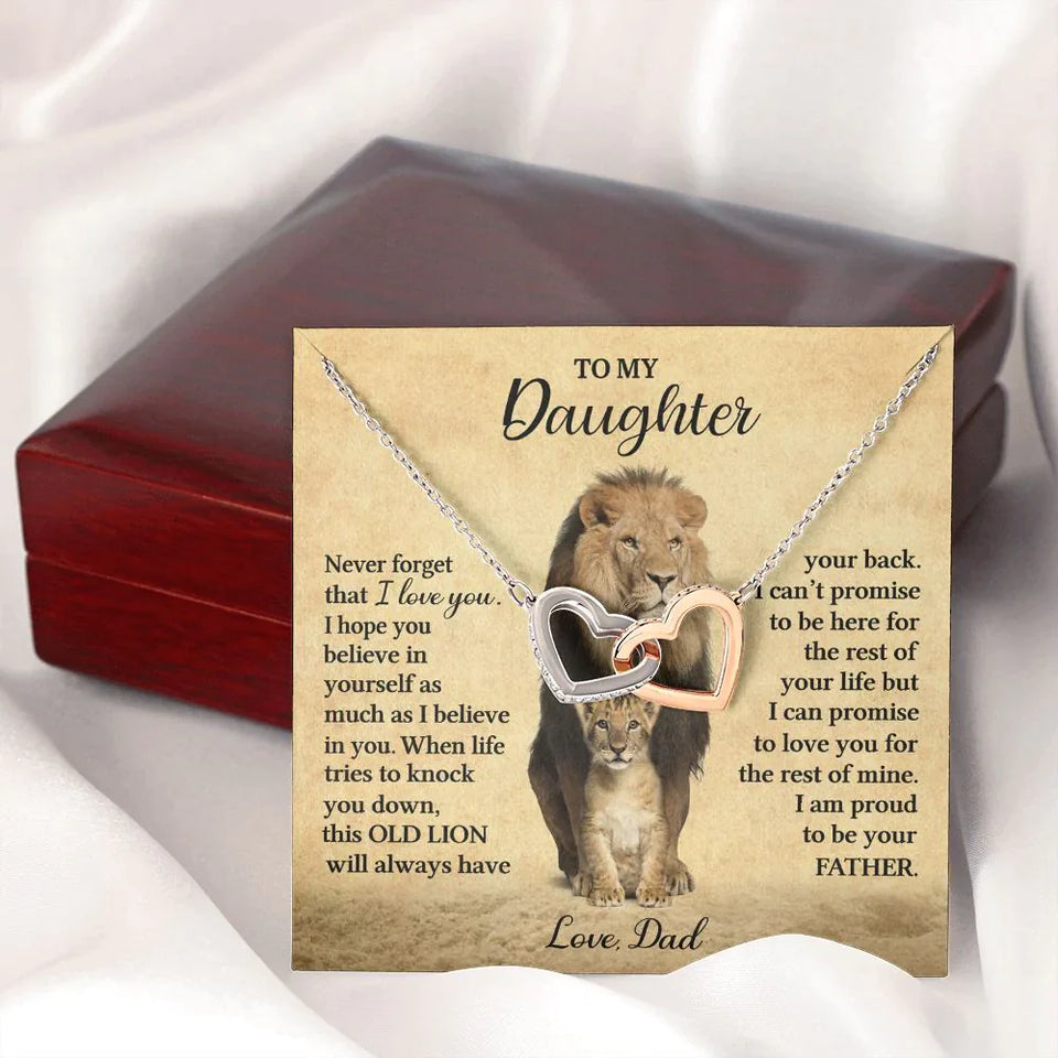 To My Daughter Necklace from Dad - Never forget that I love You, Lion Necklace, Interlocking Hearts Necklace