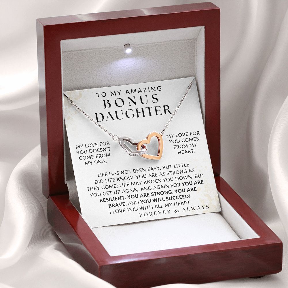 I Love You With All My Heart Necklace - Bonus Daughter Necklace - Gift from Bonus Mom or Bonus Dad, Interlocking Hearts Necklace