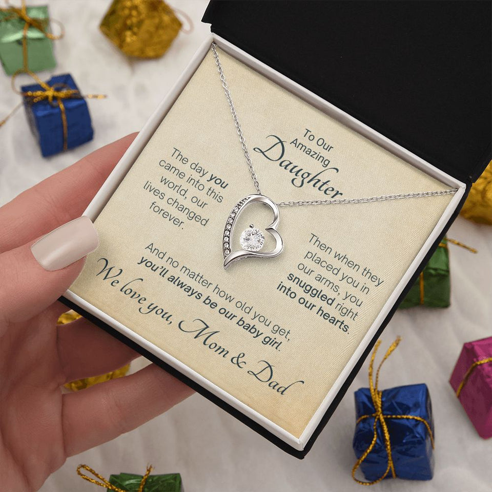 To Our Amazing Daughter Snuggled Into Our Hearts - Mom & Dad Gift to Daughter, Necklace for Daughter, Forever Love Necklace
