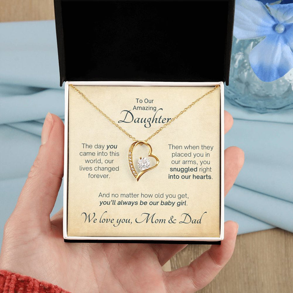 To Our Amazing Daughter Snuggled Into Our Hearts - Mom & Dad Gift to Daughter, Necklace for Daughter, Forever Love Necklace