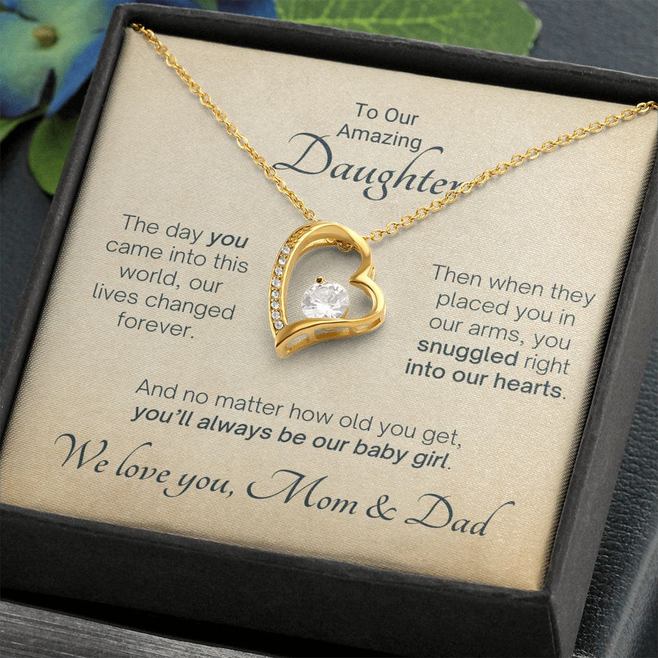 To Our Amazing Daughter Snuggled Into Our Hearts - Mom & Dad Gift to Daughter, Necklace for Daughter, Forever Love Necklace