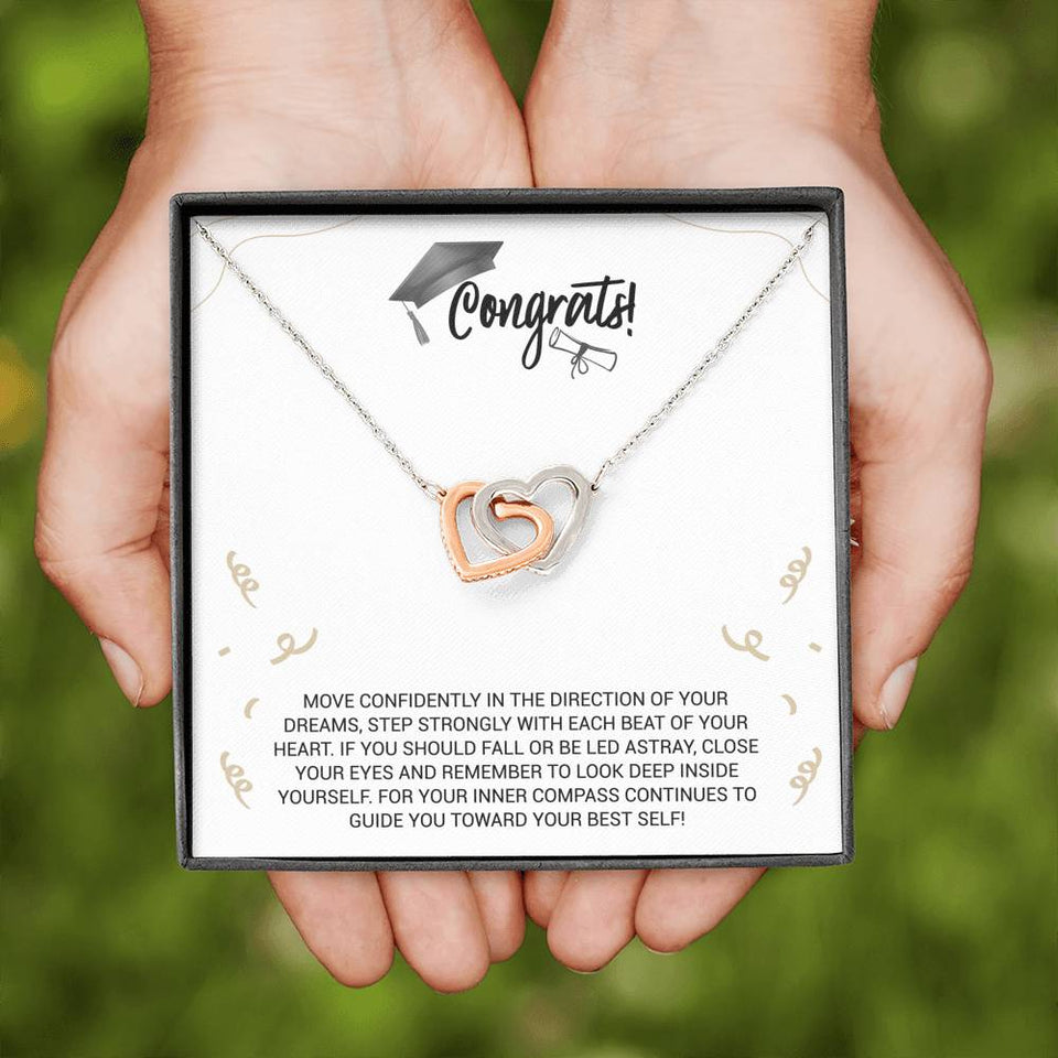 Graduation Necklace Gift - Move Confidently in the direction of your dreams - College, High School, Senior, Master Graduation Gift - Interlocking Hearts Necklace