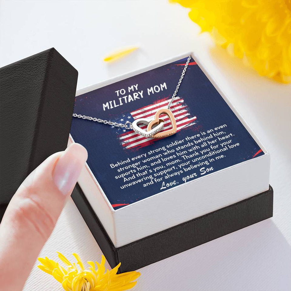 TO MY MILITARY MOM - Two Hearts Embellished With Cubic Zirconia Stones, Interlocking Hearts Necklace